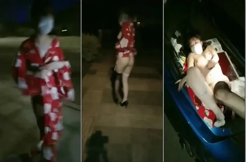 橙橙小萝莉晚上户外马路边露出玩SM，黑白丝高跟鞋全裸路上按摩器自慰，黑绳绑在柱子上跪地爬行