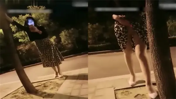 深夜户外带长腿美少妇压马路