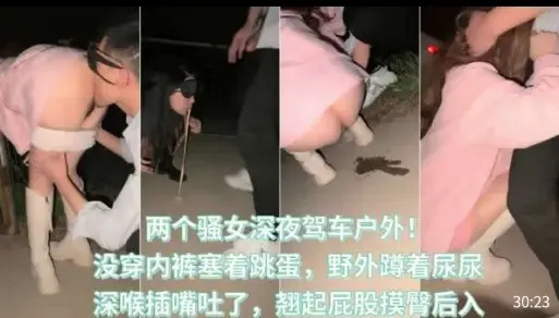 两个骚女深夜驾车户外，没穿内裤塞着跳蛋，野外蹲着尿尿，深喉插嘴吐了，翘起屁股摸臀后入